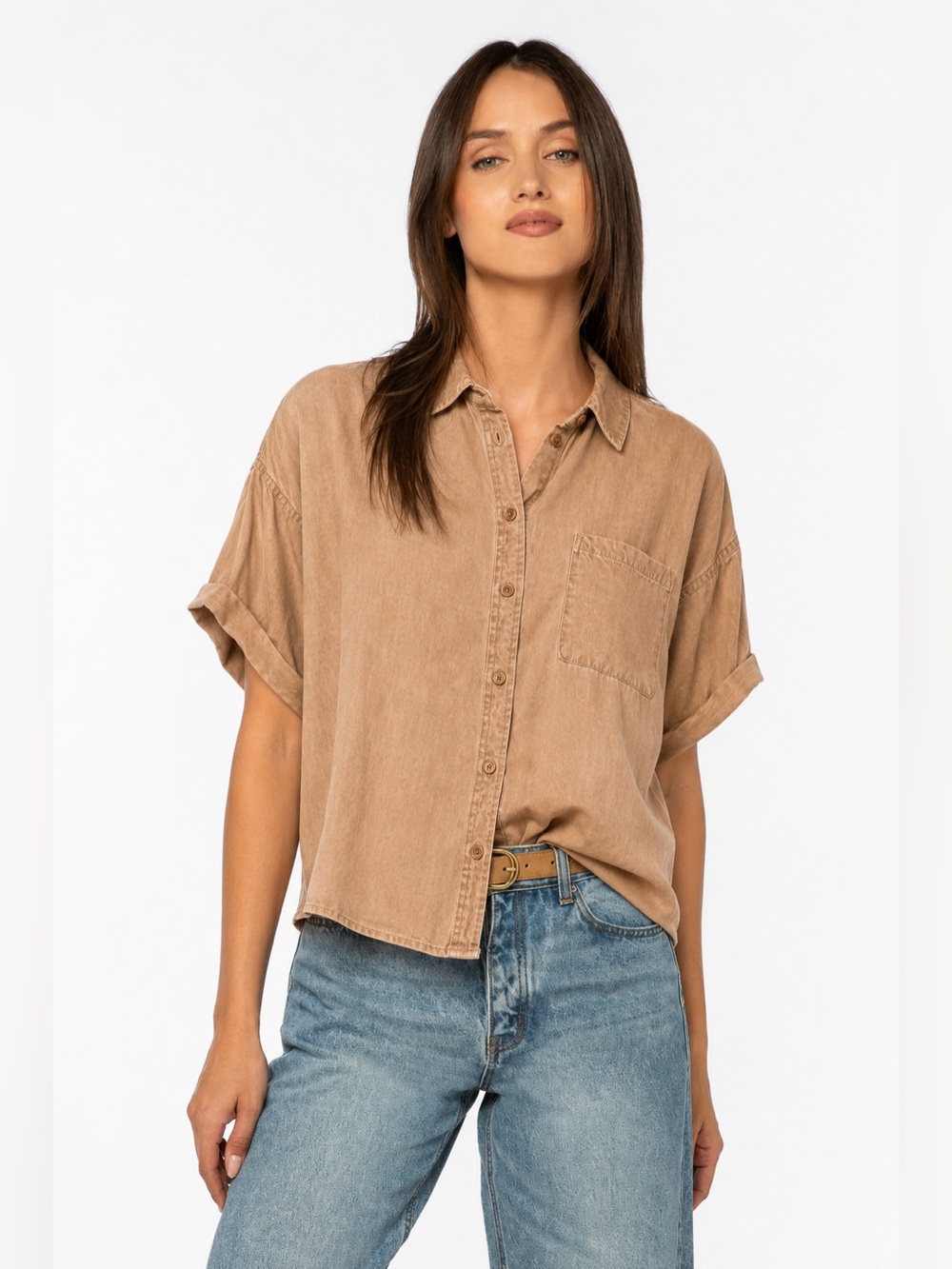 Velvet Heart Stone Washed Chambray Short-Sleeve Button-Down Shirt Large NWOT